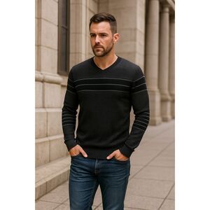LCR Black Edition Men’s Wear Striped Ribbed Knit Sweater in Black and Gray M